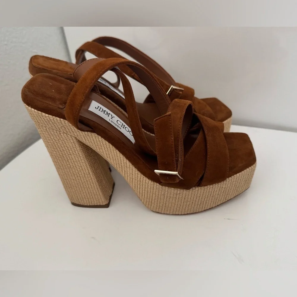 NWT JIMMY CHOO SUEDE GAIA PLATFORM SANDALS WITH RAFIA HEEL 14CM